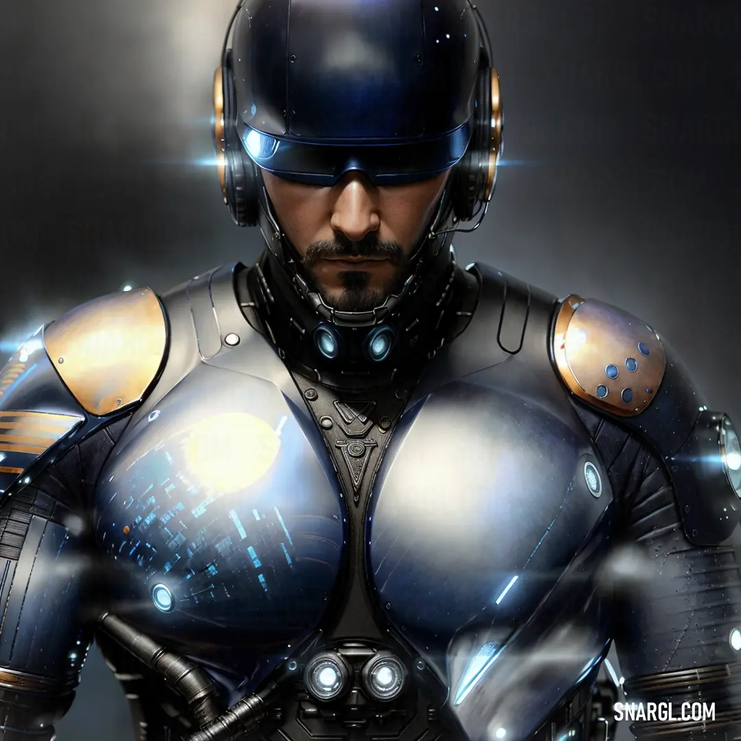 Man in a futuristic suit with a helmet and goggles on his chest and arms with a glowing light behind him