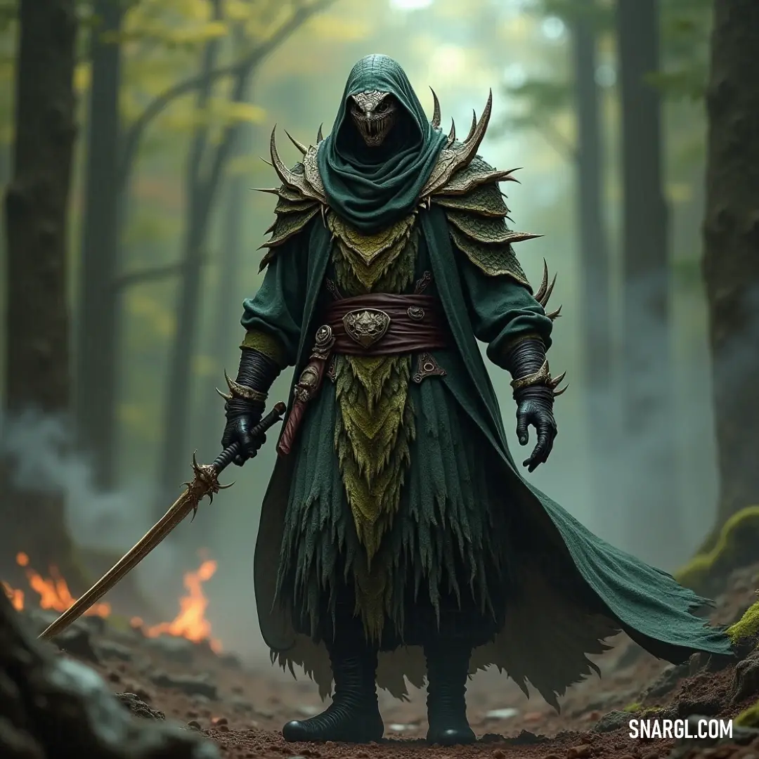 A valiant figure in a green hooded outfit clutches his sword, standing steadfast in a forest shadowed by flickering flames, portraying an intriguing blend of valor and danger within the wilderness.