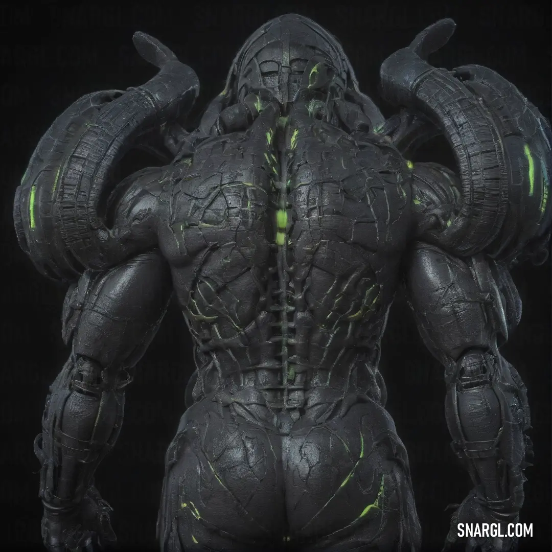 A figure with large horns and a body made of plastic and neon green lights stands tall. The glowing lights accentuate the figure's imposing presence, contrasting against the cool gray tones of the background.