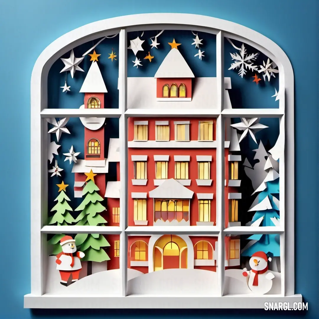 Paper cut of a christmas scene with a building and snowman in the window sill with a blue background. Example of #708090 color.