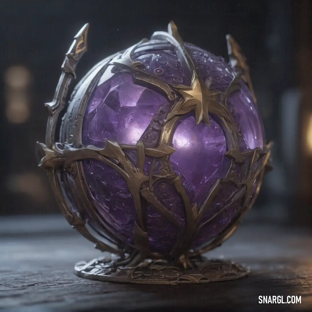 A purple ball adorned with a star symbol rests on a table, next to a softly glowing candle. The slate gray background adds depth and contrast, highlighting the simple yet enchanting elegance of the scene.