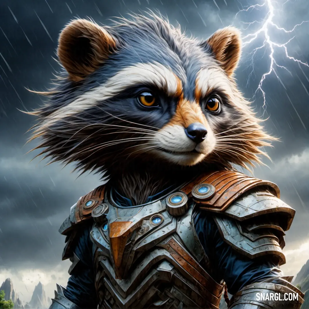 Raccoon dressed in armor and lightning in the background with a storm coming in the sky behind it. Example of #708090 color.