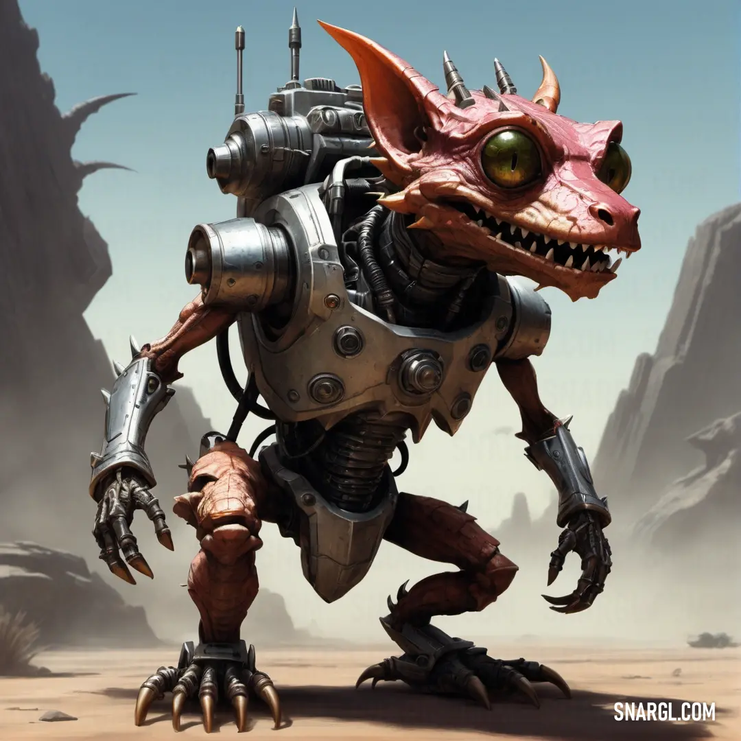 Robot with a big head and a big nose standing in the desert with a giant lizard like creature