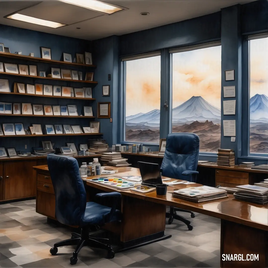 Room with a desk and a chair in it with a painting on the wall behind it and a window with a mountain view. Color Slate gray.
