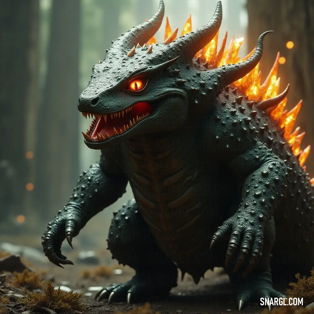 A detailed figure of Godzilla, featuring fire swirling around its hind legs and mouth, casting an intense slate gray shade against a dramatic backdrop.