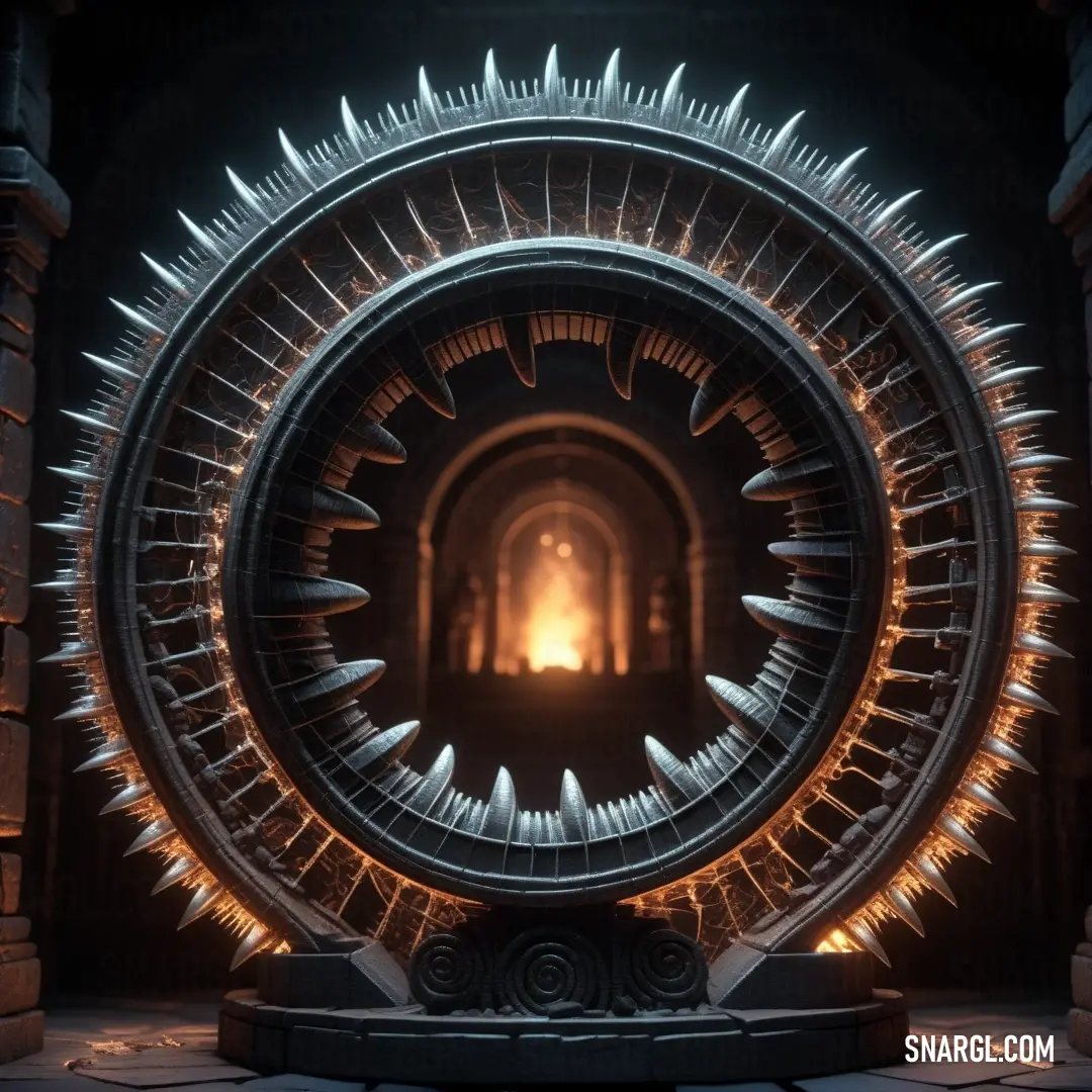 A grand circular structure with a glowing fire at its center is surrounded by towering columns and a large open doorway. The scene exudes a sense of power, mystery, and ancient grandeur, all set in cool slate gray tones.