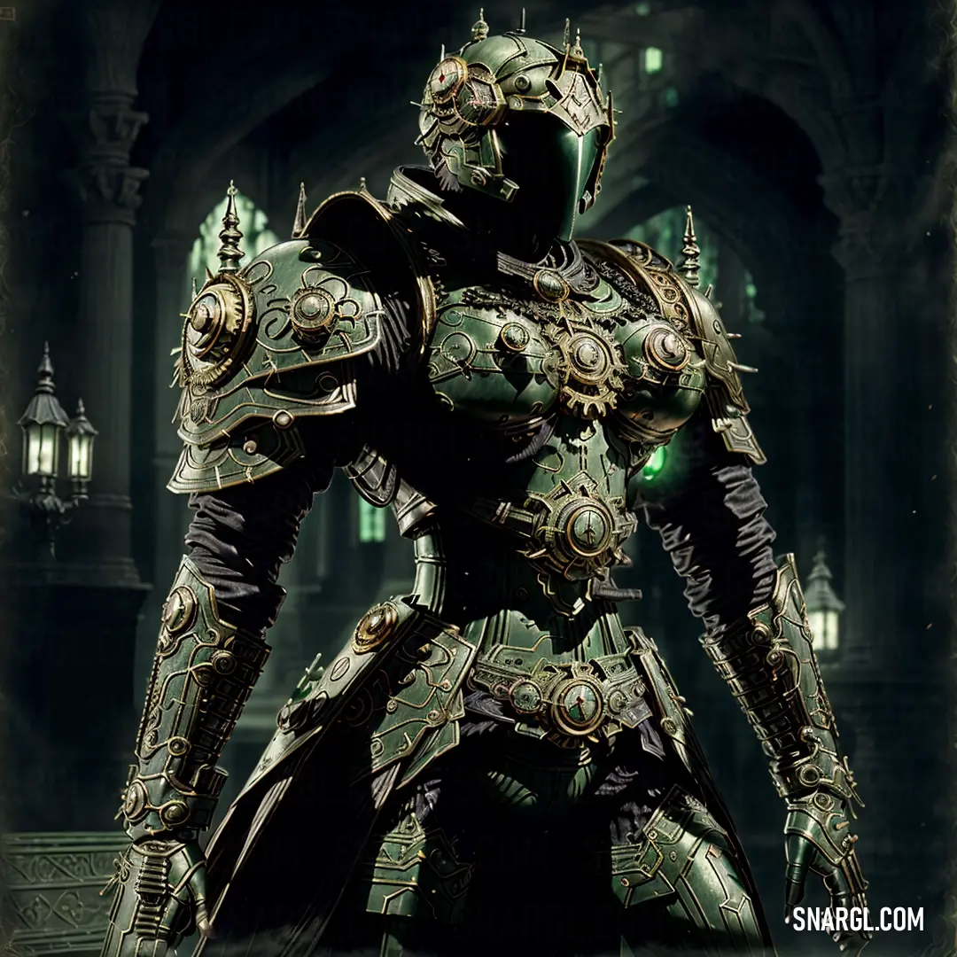 A lone man in green armor stands in a darkened room, with a single lantern casting a soft glow over his figure. The light from the lantern illuminates his features and armor, setting an almost mystical mood in the dark space.