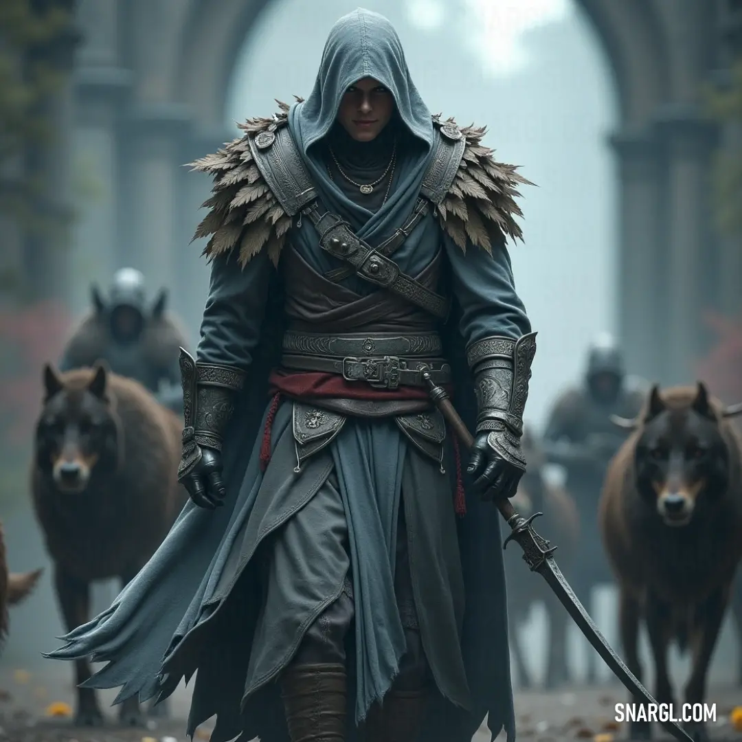 A mysteriously cloaked man in slate gray grips his sword, standing among a herd of cows in a fog-drenched area, embodying a scene of both serene beauty and ominous potential.