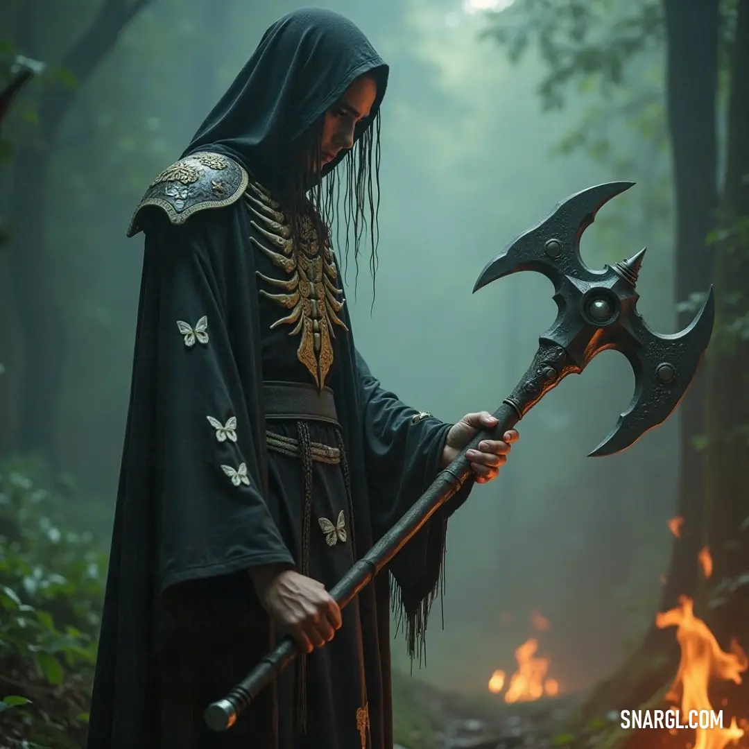 A mysterious man dressed in a slate gray robe holds a large axe firmly, standing resolute in a forest where flames flicker in the background, conjuring an aura of power and impending confrontation.