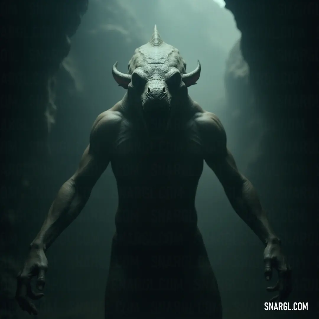 A horned man stands in a dimly lit cave, illuminated by a single beam of light. His formidable presence is accentuated by the rugged textures of his surroundings, embodying a sense of ancient power and mystery that captivates the viewer's imagination.