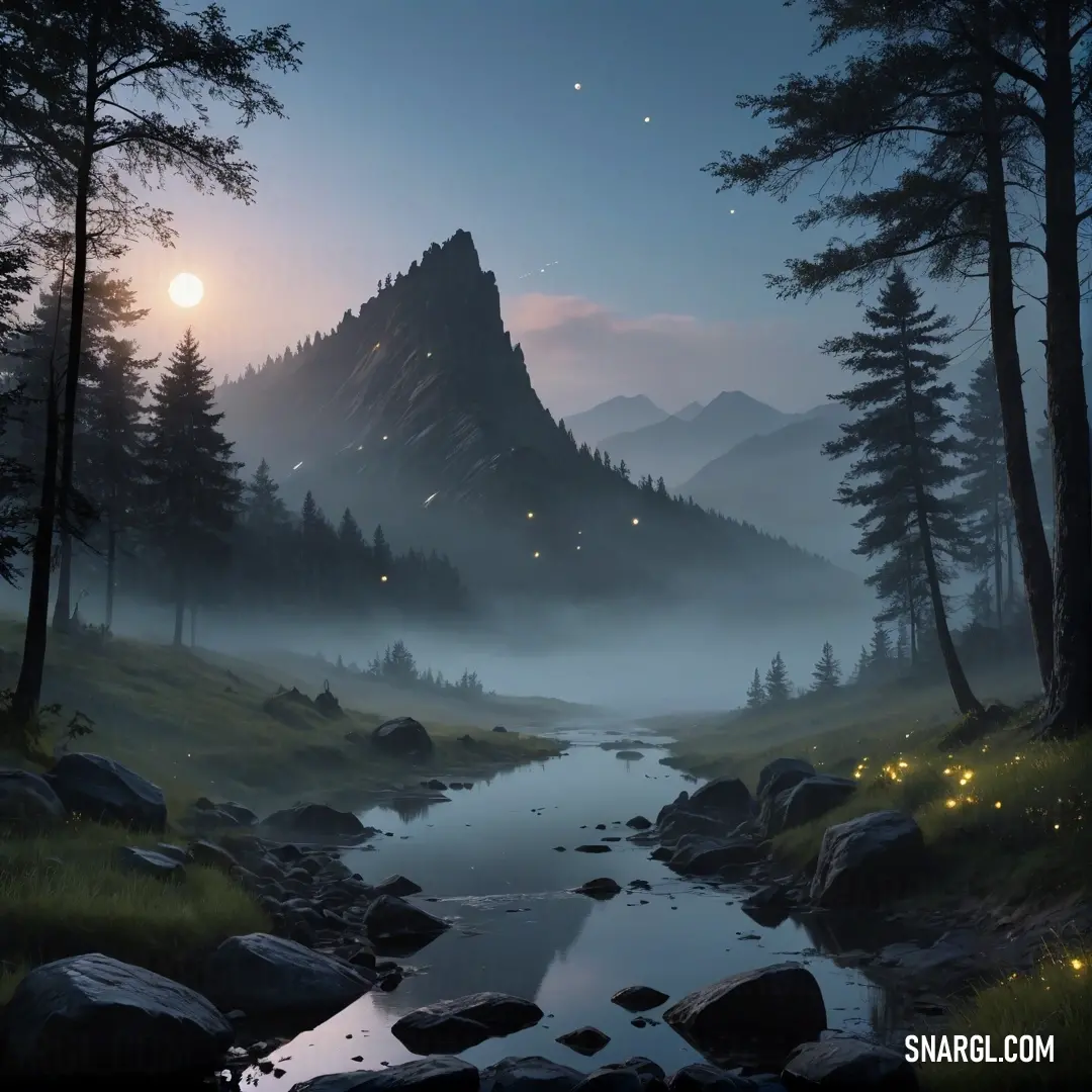 Mountain landscape with a stream and trees at night with a full moon in the sky above it and a few stars above