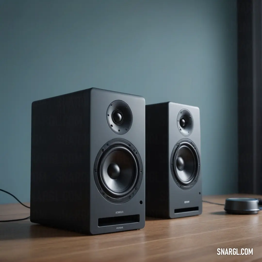 Stunning slate gray speakers resting on a beautifully crafted wooden table, bathed in natural light from the nearby window. A sleek remote control lies beside them, hinting at the rich sound experience awaiting you.