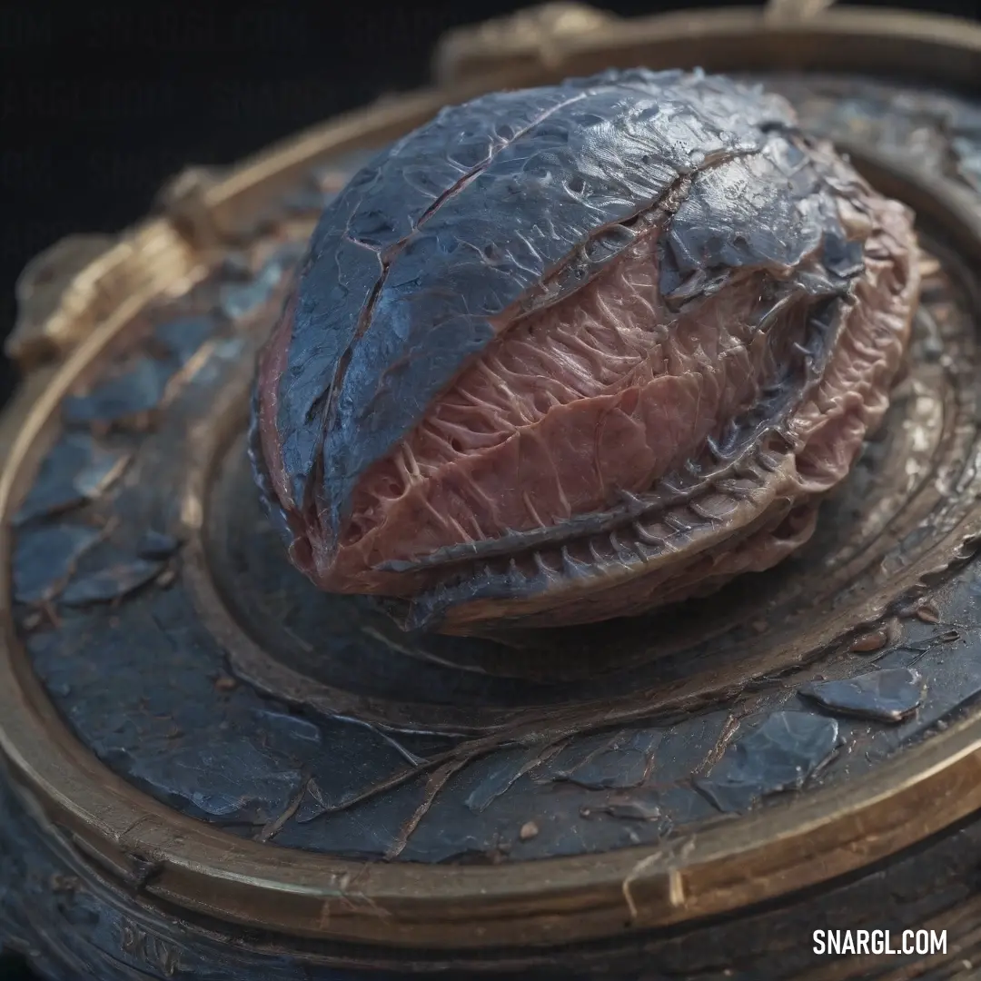 A piece of meat sits on a metal tray, surrounded by a bowl of food on a table. The dark surface below enhances the rich colors of the food, making it look appetizing and inviting.