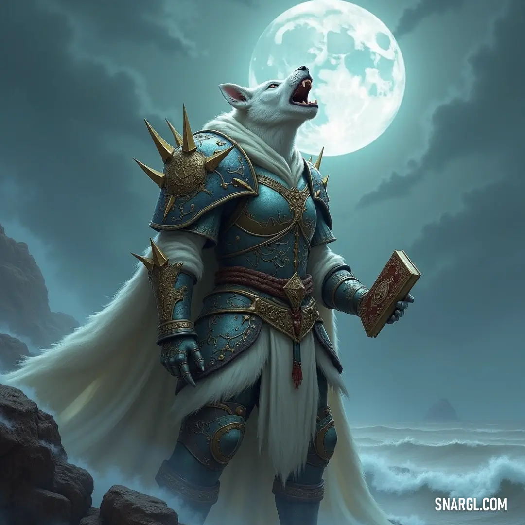 A majestic wolf in intricately designed armor stands confidently under a full moon, holding a book, with clouds drifting across the night sky and mountains looming in the background, creating a scene of mystery and majesty.