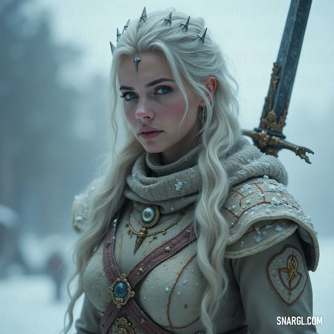 A regal woman adorned with a crown holds a gleaming sword, standing proudly in the snow, surrounded by a breathtaking winter landscape that reflects her strength and noble spirit.