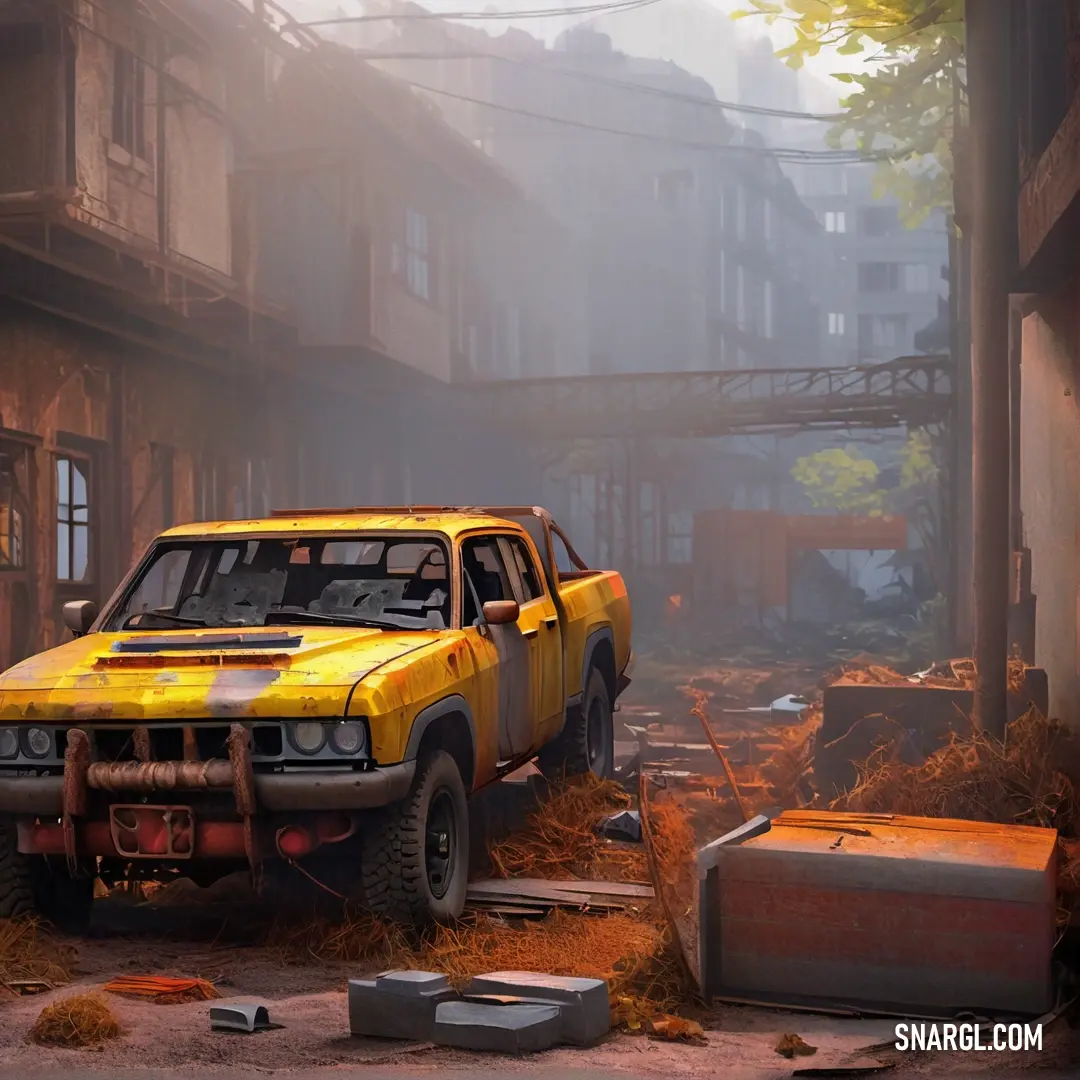 A weathered yellow truck parked in a gritty alleyway next to an old brick building. A fire hydrant stands in the background, adding a touch of urban grit to the scene. The scene is captured in soft hues of grayish-blue tones, reflecting a quiet, forgotten