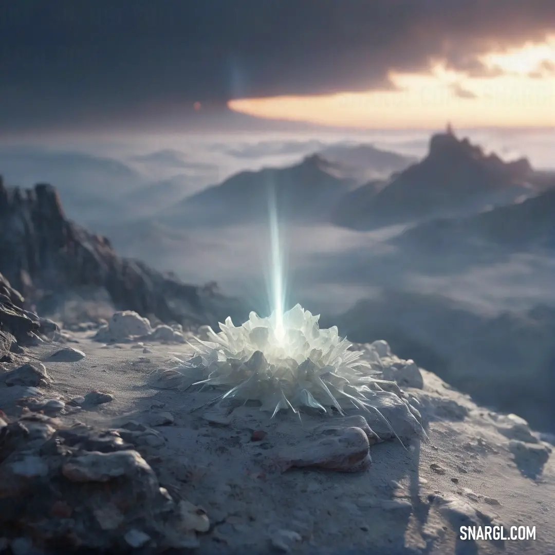 Strange looking object on a rocky surface in the middle of a mountain range with a bright light coming from it