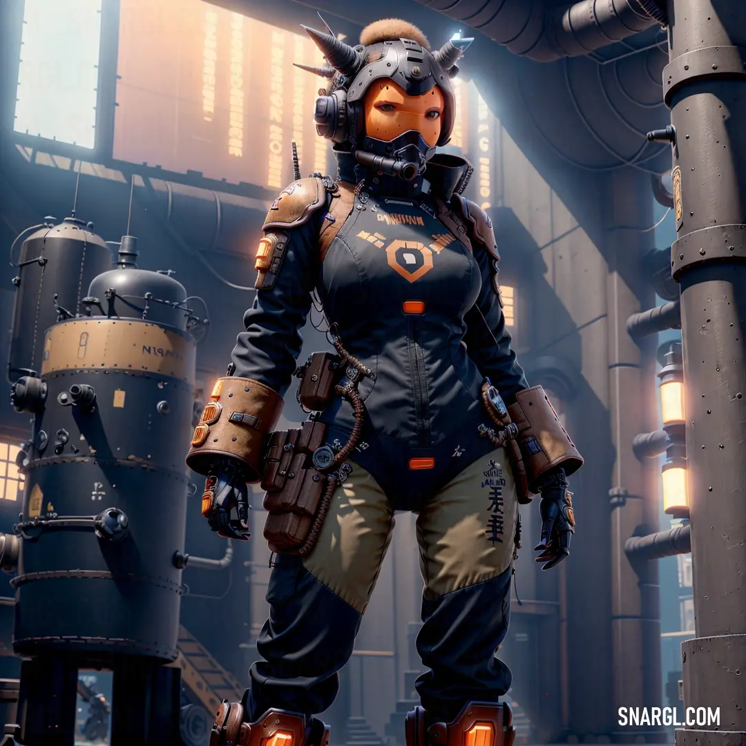 A futuristic woman in a sleek, high-tech suit stands poised in an industrial factory setting. Her grip tightens around a machine gun while her helmet and determined gaze suggest she's ready for whatever comes next.