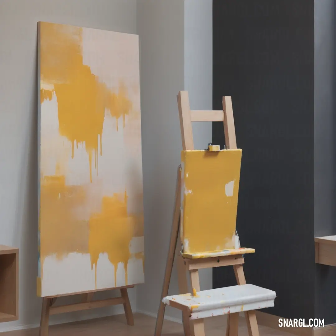 Yellow and white painting on a easel in a room with a black wall and a wooden shelf. Color #708090.