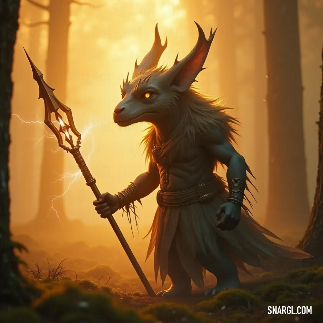 A horned being in a forest at sunset, commanding nature's elements with a staff, surrounded by a dramatic sky and glimmers of lightning. A mystical creature with majestic horns, wielding a powerful staff, stands amidst an enchanting forest as the sun sets, casting a golden hue. Lightning crackles in the sky, illuminating the scene with an electric energy that blends nature's beauty and a h