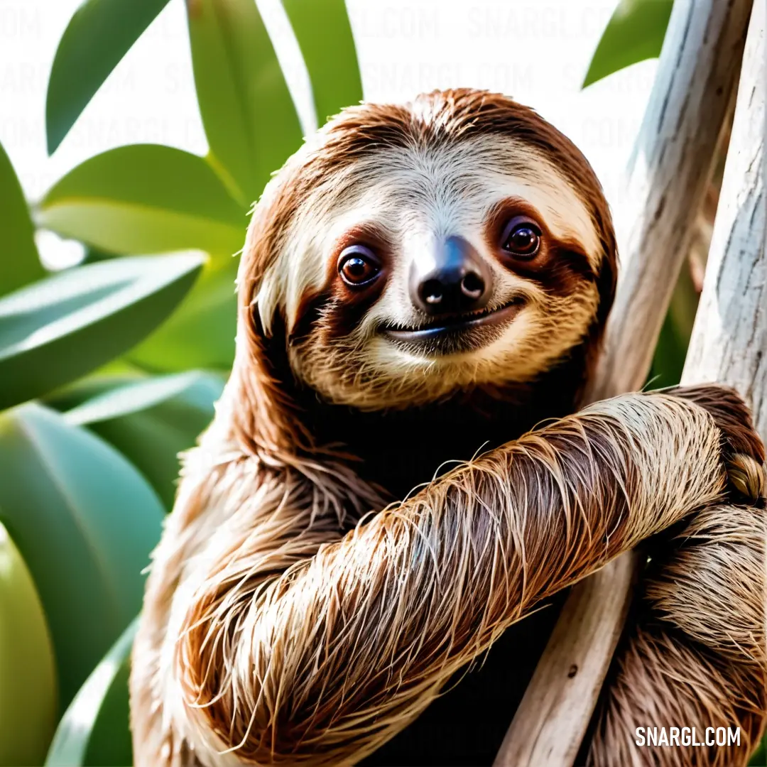 A sloth smiling as it hangs from a tree branch, its eyes wide with a relaxed and content expression. A sloth hanging lazily from a tree branch, its eyes wide open and face smiling as it gazes directly at the camera. Its fur blends gently with the green foliage around it.