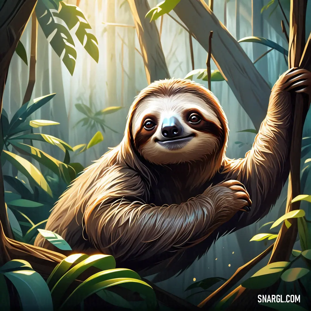 A sloth resting in a tree, surrounded by sunlight and lush forest, with soft beams of light highlighting the leaves on the forest floor. A sloth leisurely hanging from a tree branch in a sunlit forest, the soft light filtering through the leaves and illuminating the surrounding greenery and fallen leaves.