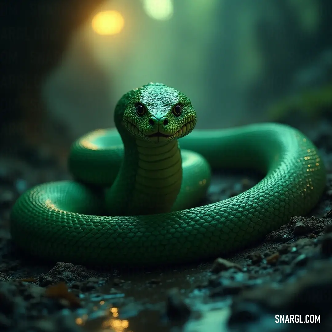 Striking green snake with dark body poised on the ground, exuding grace and mystery. This striking green snake, with a vivid green head and dark black body, elegantly rests upon the ground, its tongue flickering out and eyes wide open, embodying the perfect blend of grace and mystery within nature's intricate ecosystem.