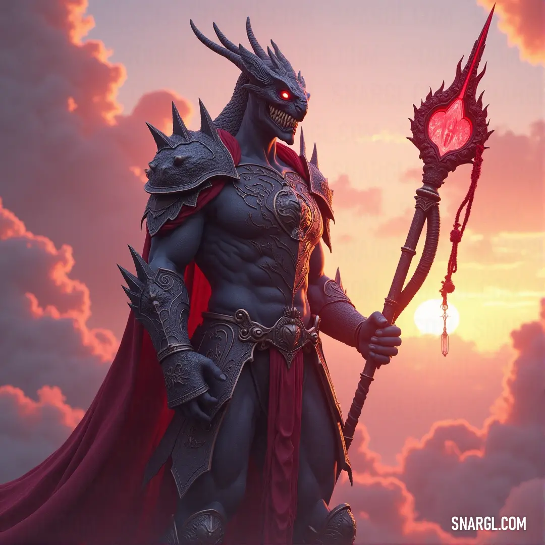 Slytherin Serpent dressed in costume holding a dark staff with a demon head and horns, standing in a mystical and ominous atmosphere. A Slytherin Serpent stands menacingly, holding a dark staff with a demon-like head atop his shoulders. Horns protrude from his head as the shadows around him grow, evoking fear and power in equal measure.