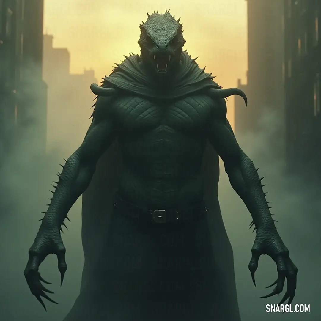 A mysterious figure draped in a flowing black cloak and adorned with a haunting demon mask stands confidently in a fog-laden city street, exuding an air of eerie authority as fog swirls around, blending the dark figure with the atmospheric twilight.