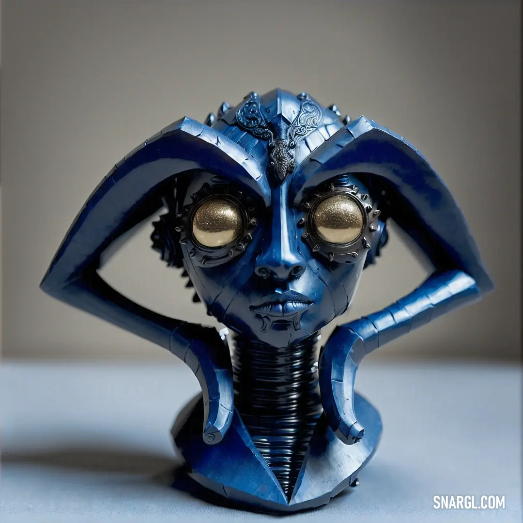 Blue alien with a large head and large eyes is posed in a pose with her hands on her hips