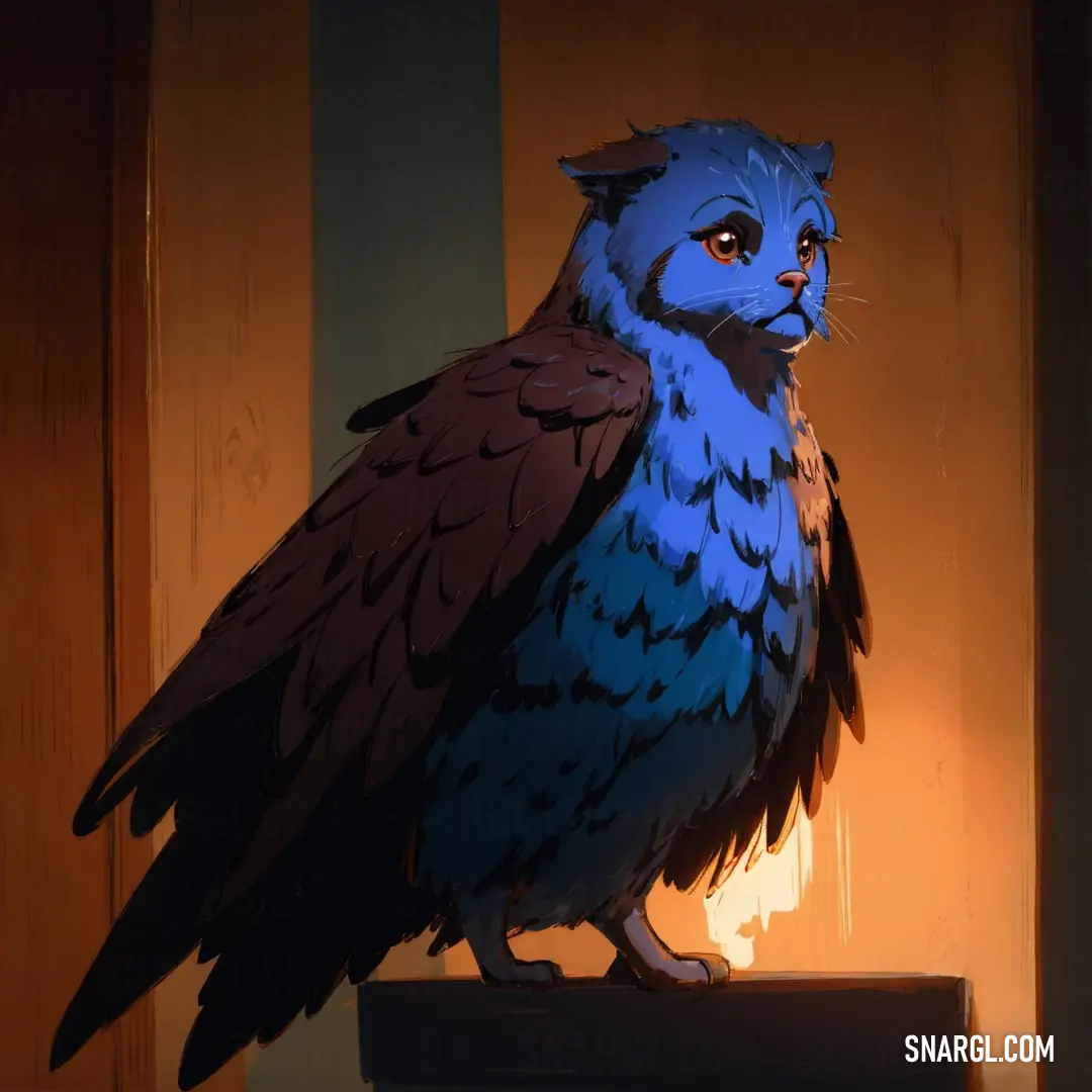Blue and black bird on top of a shelf next to a light bulb in a room with wood paneling