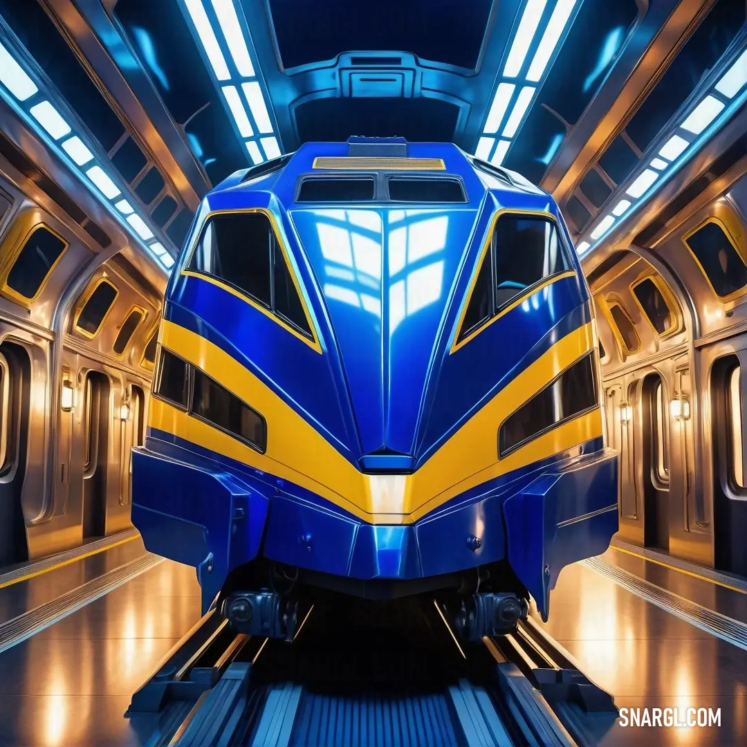 Blue and yellow train traveling through a tunnel with lights on it's sides and a ramp leading to the front. Example of RGB 0,51,153 color.