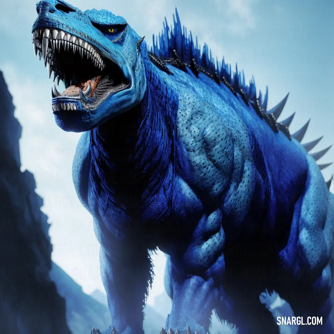 Blue dinosaur with spikes on its head and mouth is standing in front of a mountain range with clouds