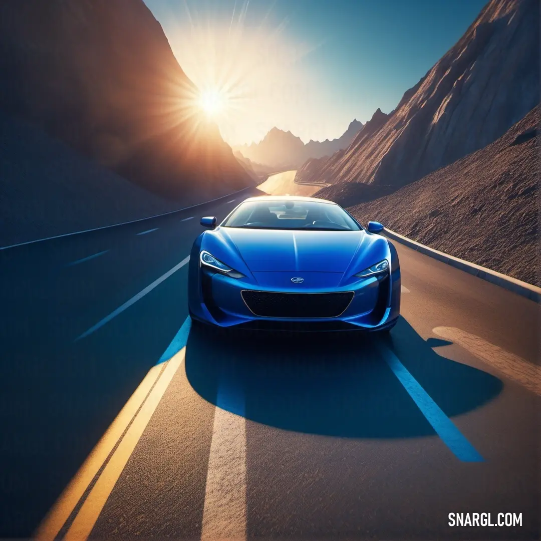 Blue sports car driving down a road in the sun with mountains in the background and a bright sun flare. Color Smalt.