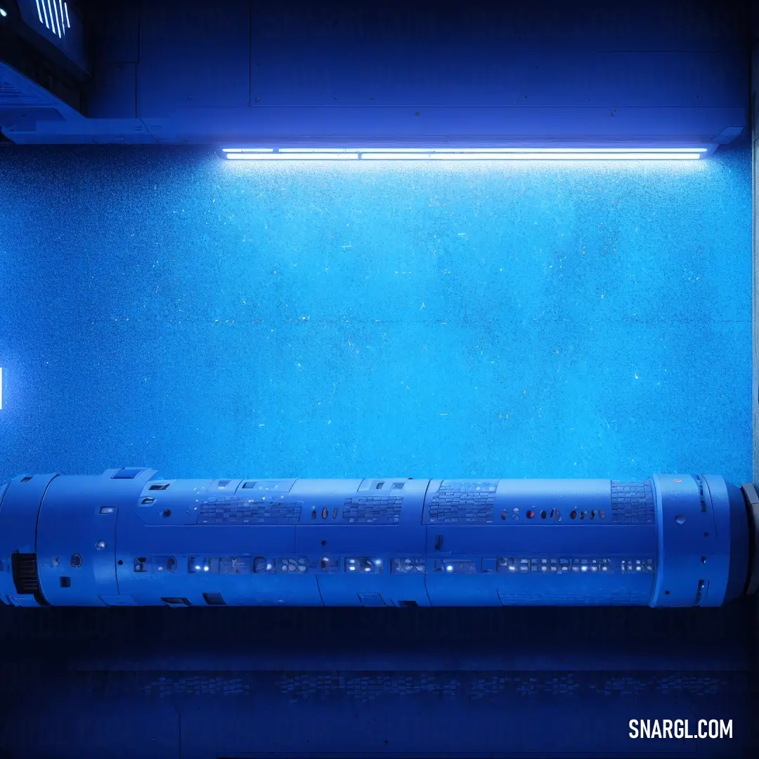 Blue tube with a light on it in a room with blue walls and a blue floor and a blue light. Example of Smalt color.