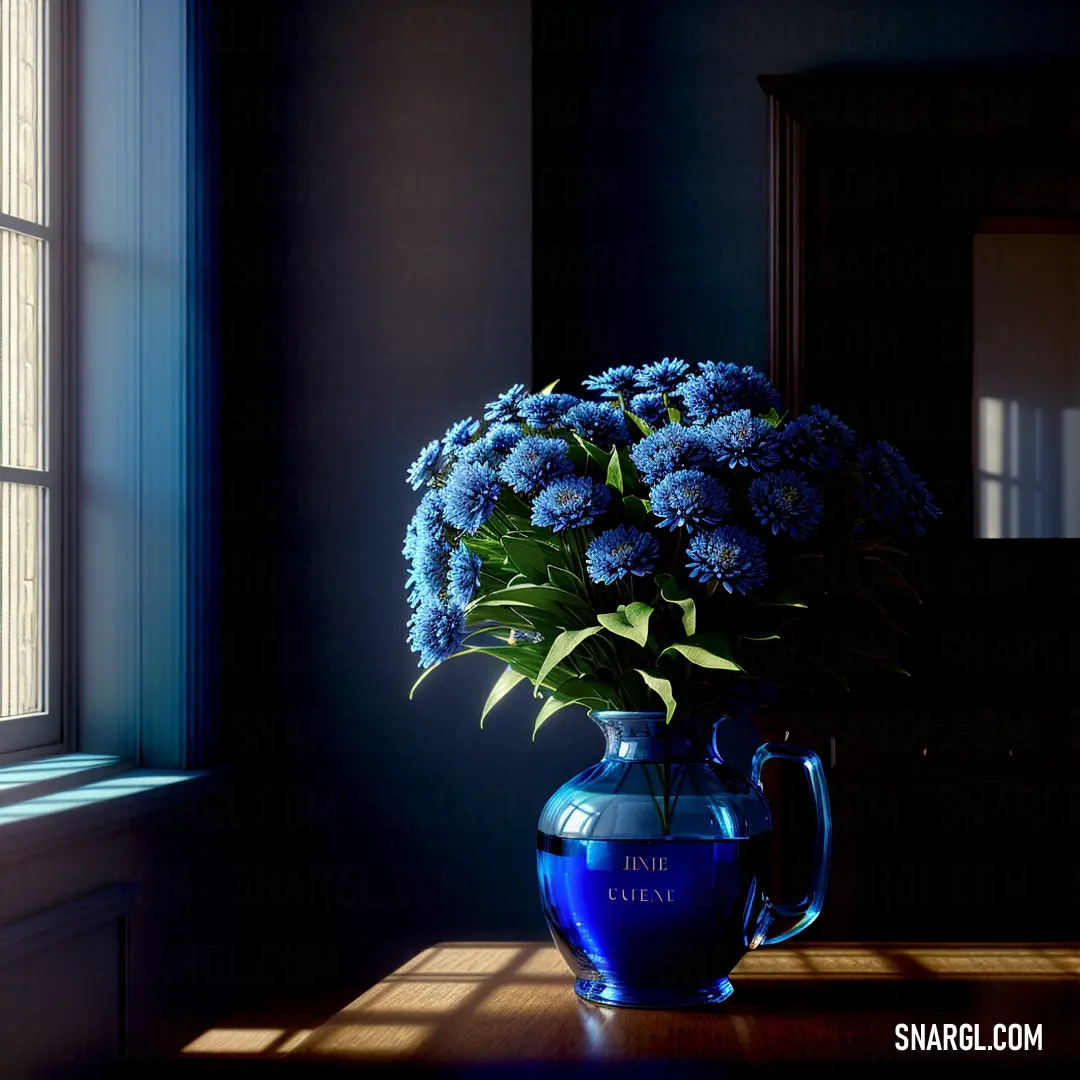 Smalt color example: Blue vase with blue flowers in it on a table next to a mirror and a window with a reflection of a blue wall