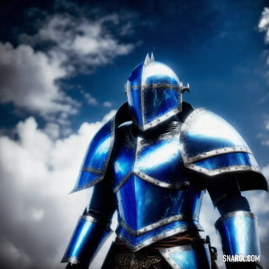 Man in a blue suit with a helmet and armor on standing in front of a cloudy sky with clouds. Color CMYK 100,67,0,40.