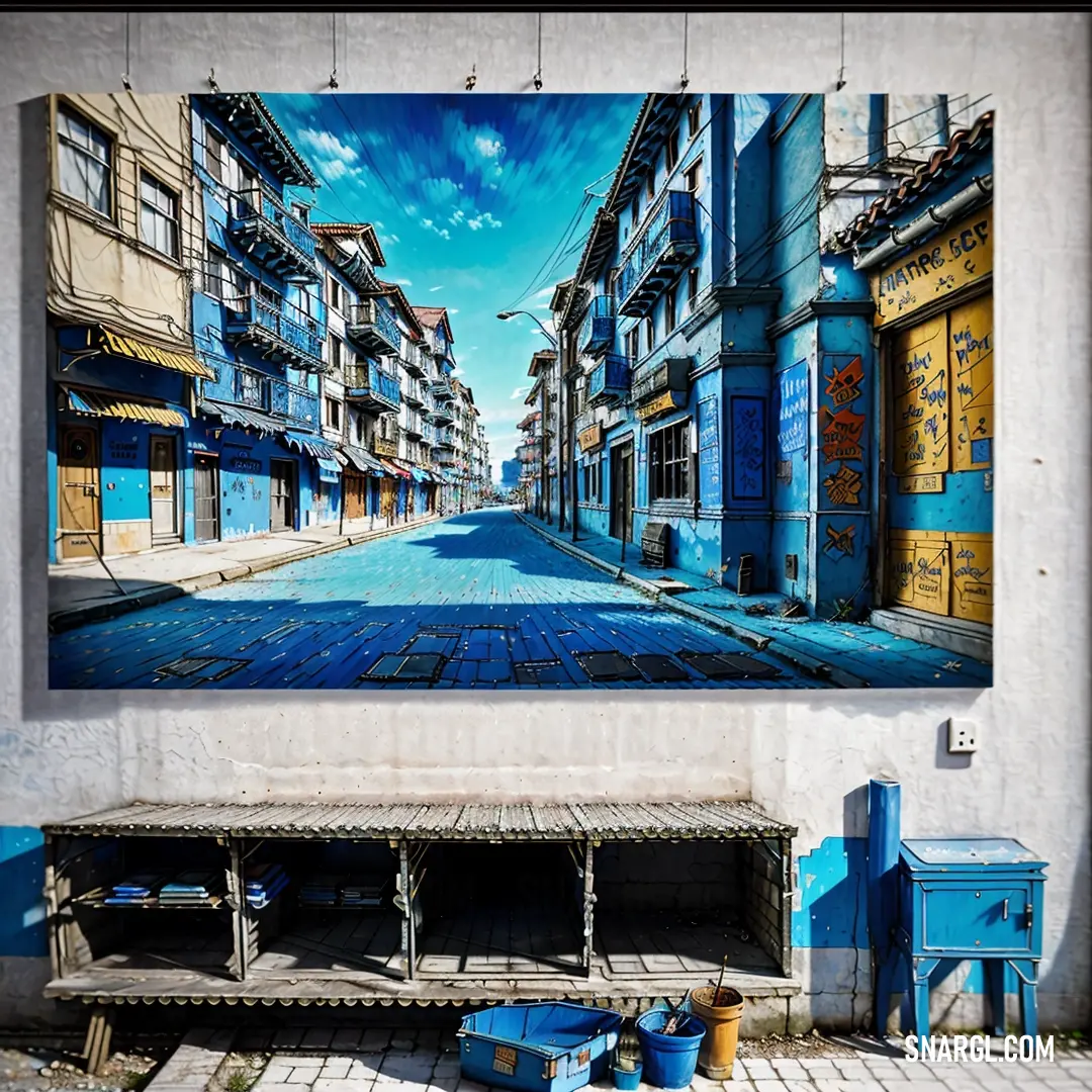 Painting of a street with a blue bench and a blue trash can in front of it on a wall. Example of #003399 color.