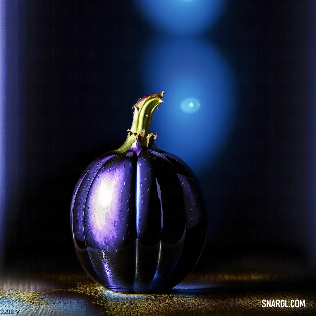 Purple pumpkin on top of a table next to a blue wall and a blue light behind it
