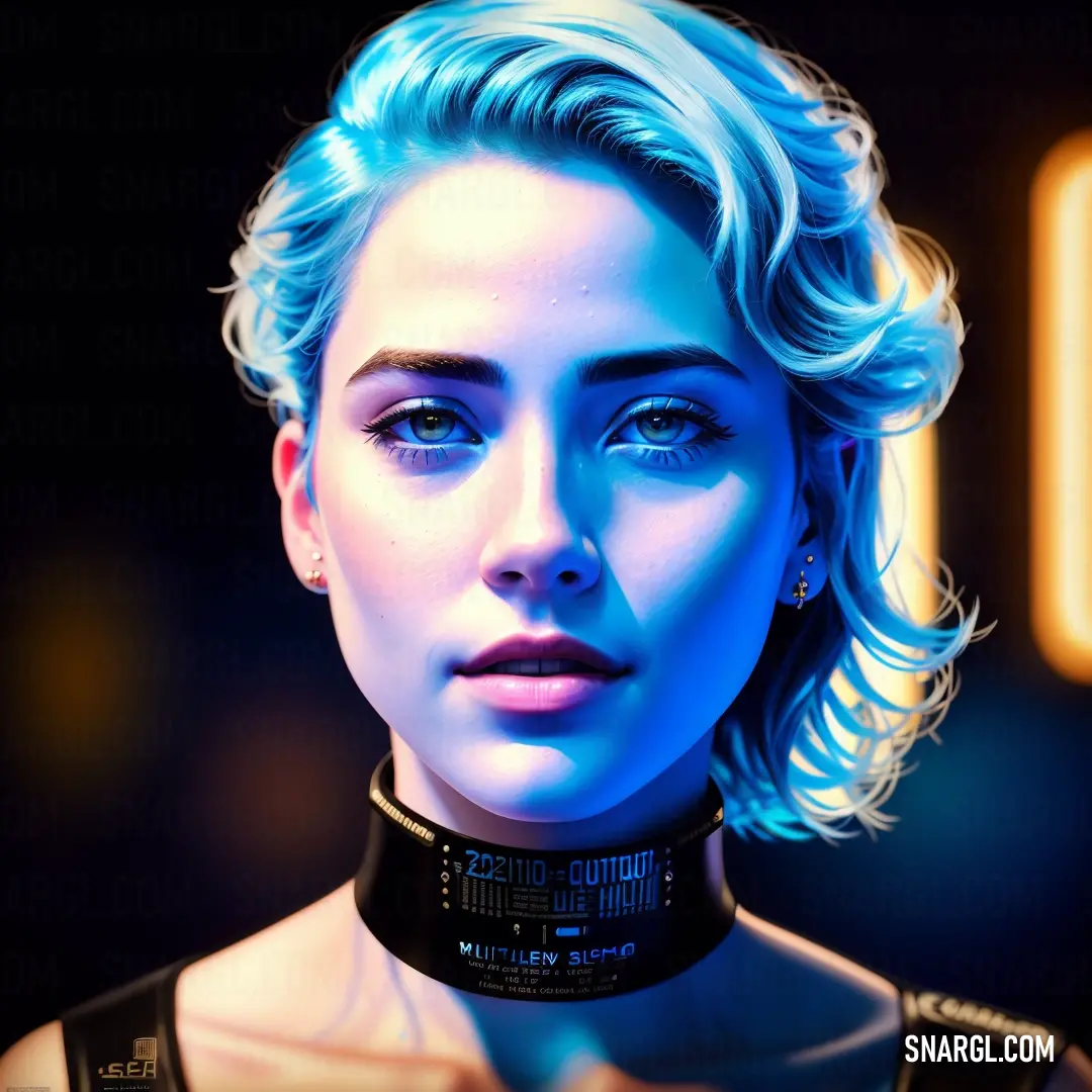 Smalt color. Woman with blue hair wearing a black choker and a black dress with a neon light on her neck