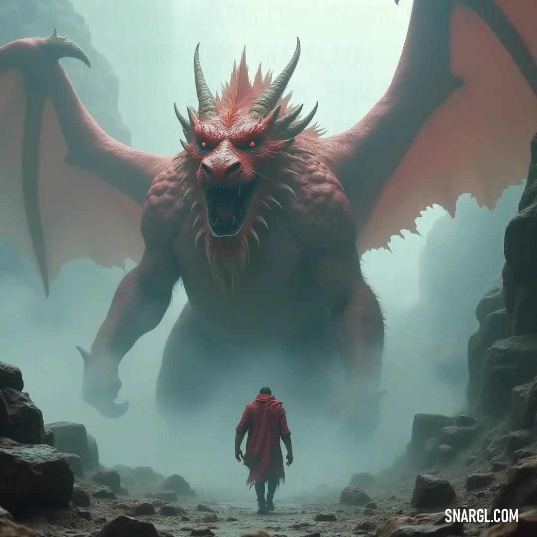 A majestic dragon named Smaug stands valiantly, dominating the scene amidst a mist-laden forest. A colossal red dragon looms behind it, while a mysterious, demon-like creature lurks in the shadows, adding an aura of intrigue to the enchanting landscape.
