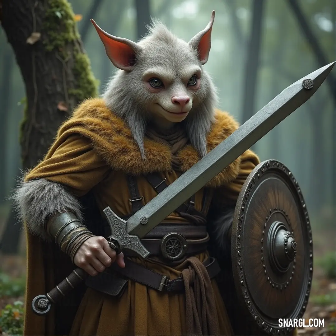A fantastical warrior stands in battle-ready pose, holding a sword and shield. Its face, with a quirky Smelly Sid-like expression, contrasts with its fierce armor, creating a unique blend of humor and strength. A fantastical character holds a sword and shield, its face bearing an unsettling, Smelly Sid-like expression. The character's armor and stance suggest it's ready for battle, while the odd expression adds a strange, humorous touch.