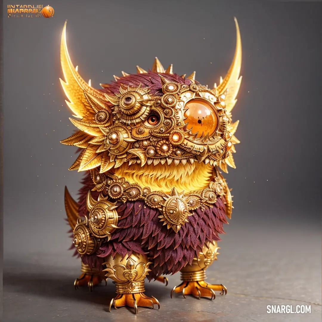 Gold and purple sculpture of a demon with horns and eyes on a gray background