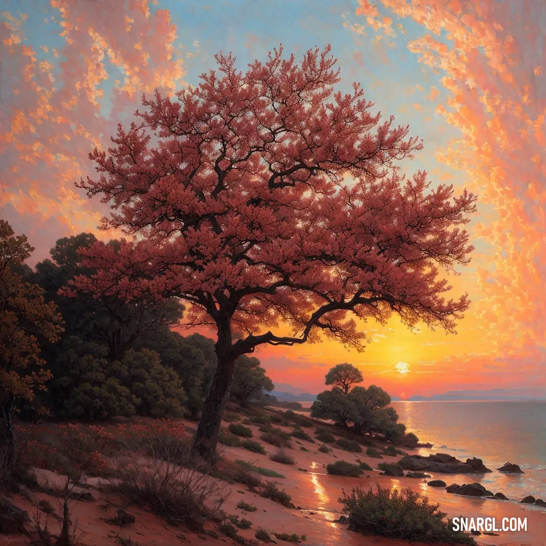 Painting of a tree on a beach at sunset with the sun setting in the distance and clouds in the sky
