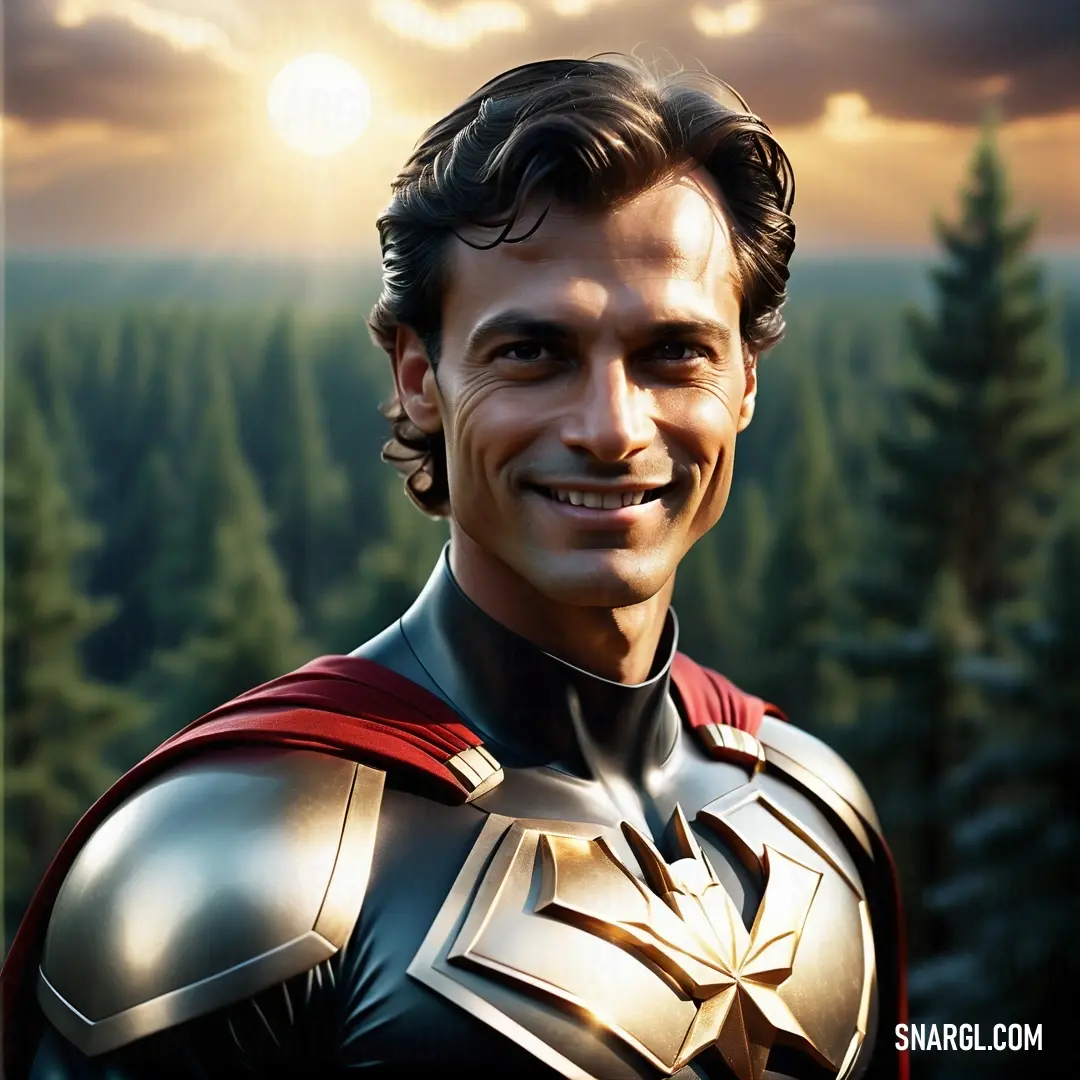 Man dressed as a superhero smiles for a picture in front of a sunset and trees with a forest in the background