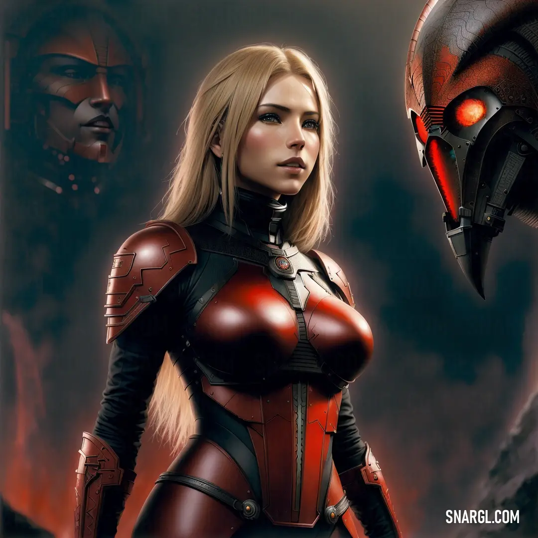 Woman in a red and black suit next to a giant alien head. Color #933D41.