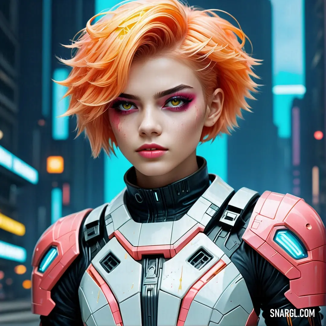 Woman with orange hair and a futuristic suit in a city setting with neon lights. Color CMYK 0,59,56,42.