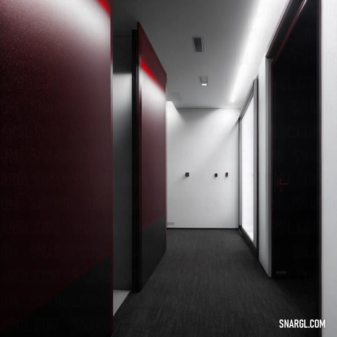 Hallway with a red and black wall and a white wall and a black floor