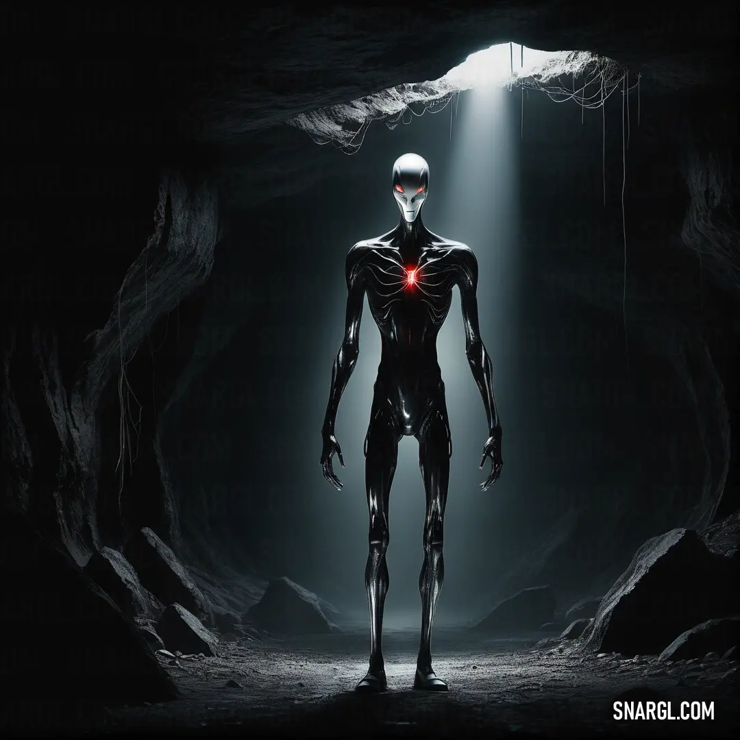 Man in a futuristic suit standing in a cave with a red light on his chest and head glowing. Color #100C08.