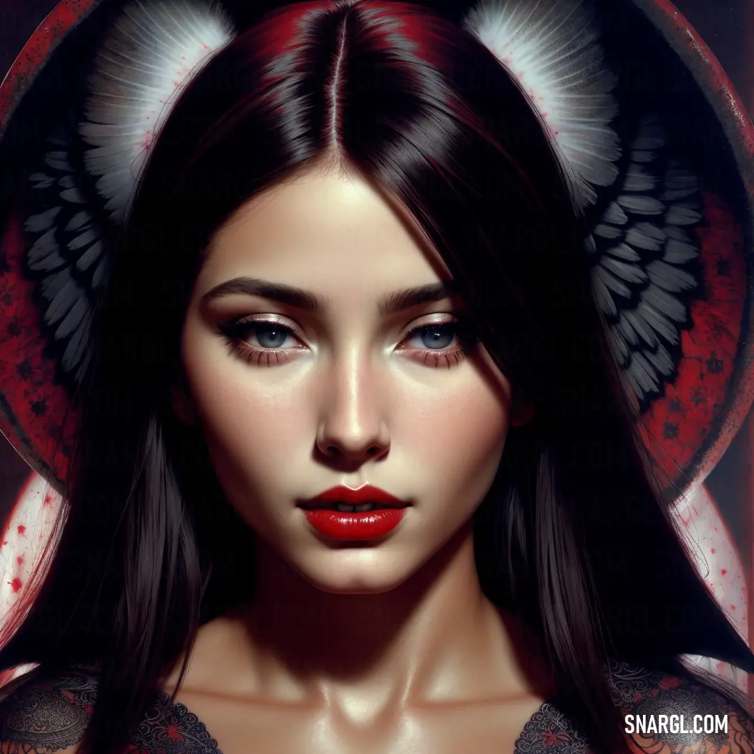 Painting of a woman with a red lipstick and angel wings on her head and a red background